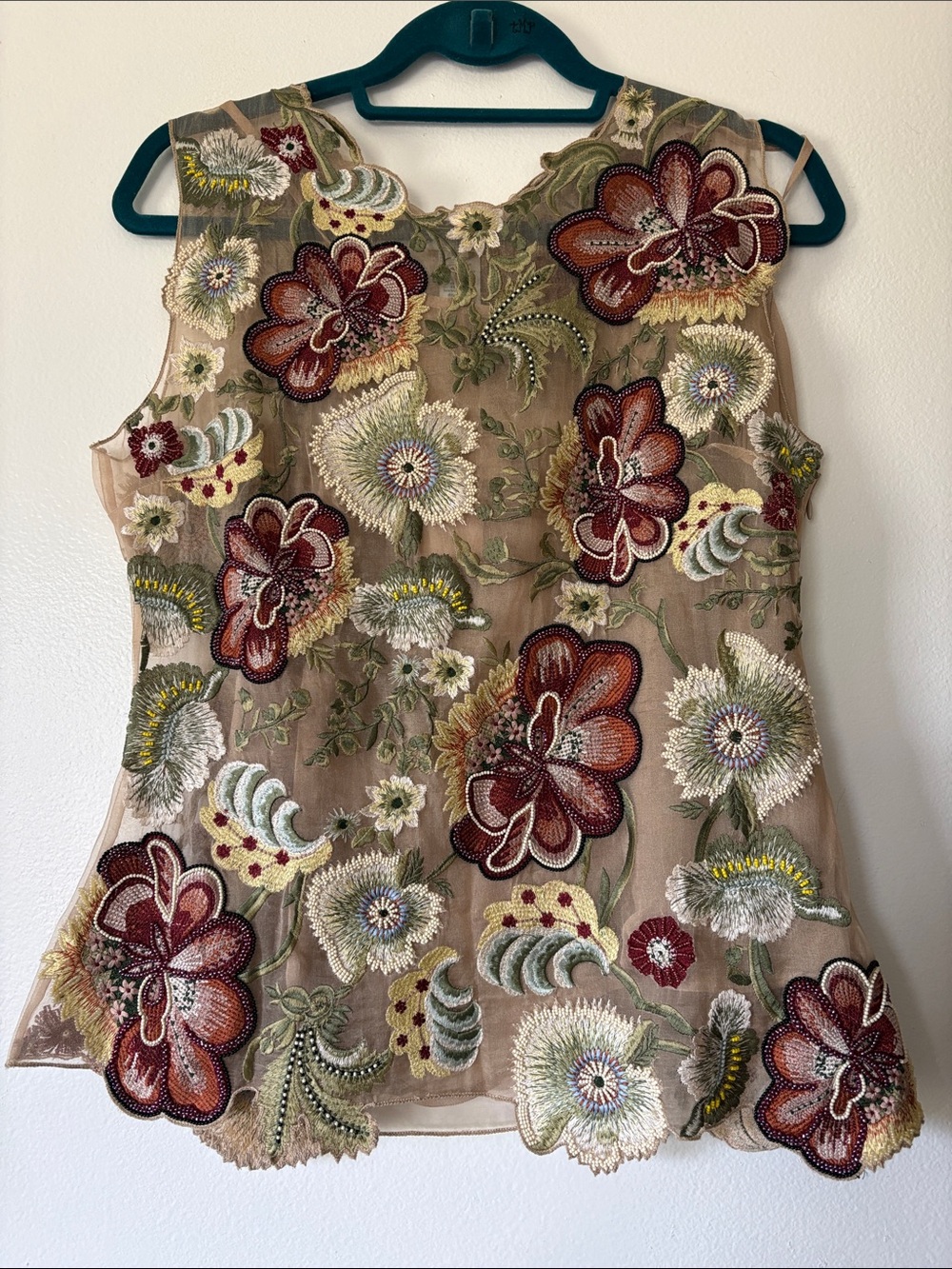 Sundance Embroidered Floral Sheer Camisole - Beige with Burgundy Accents